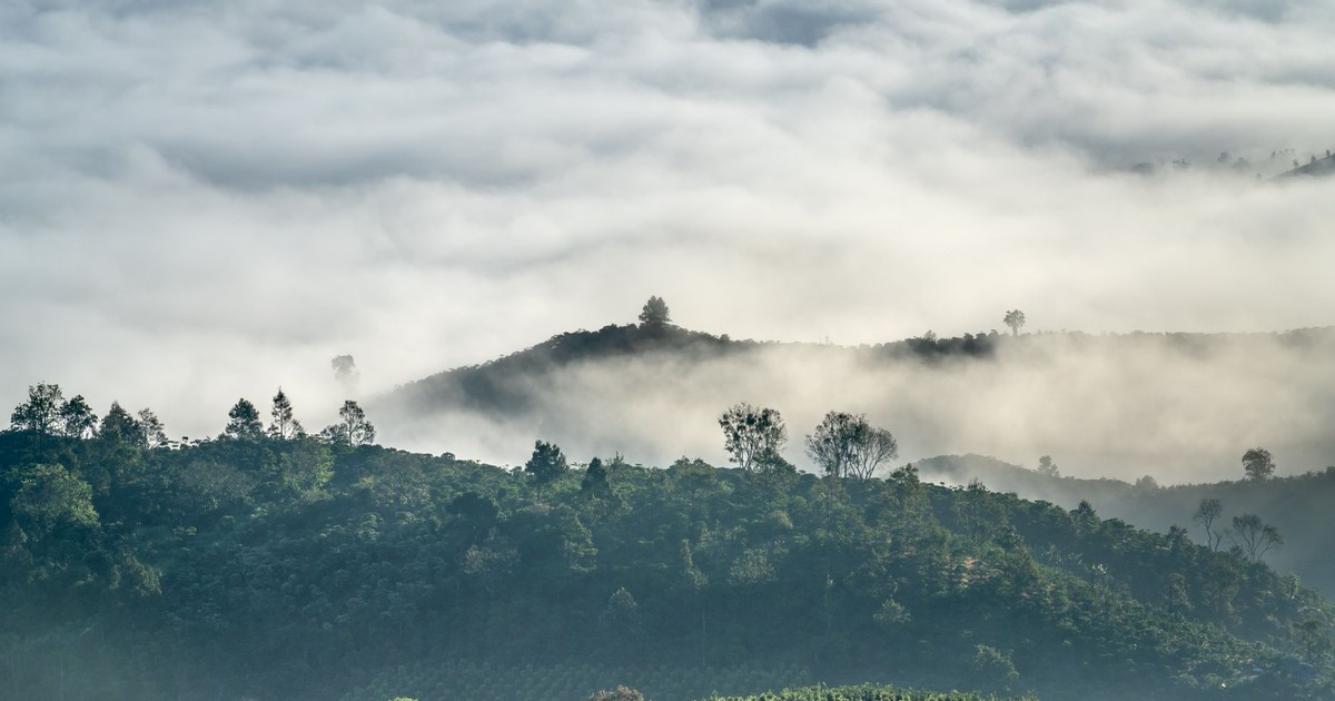 A tranquil landscape of mist-covered hills with a dense cloud blanket above, capturing the essence of nature's serenity.